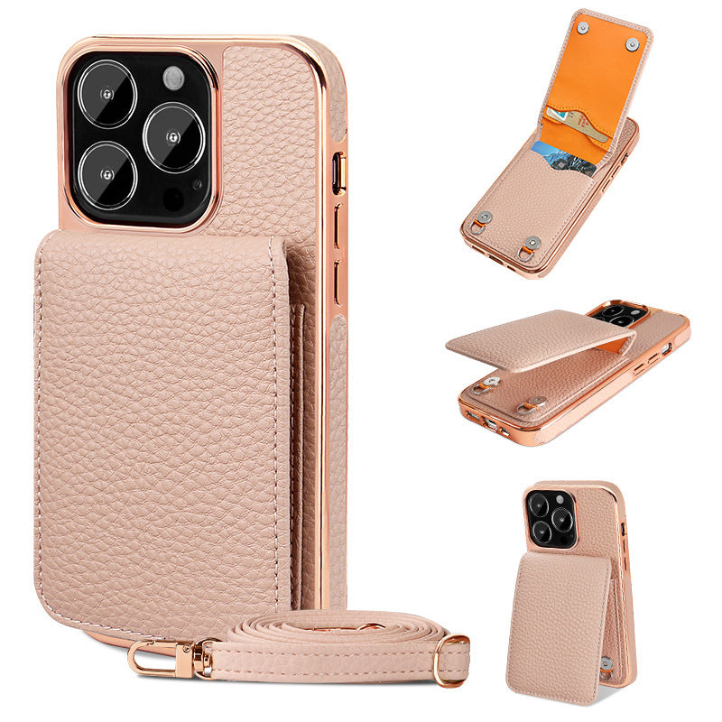 Étui portefeuille à motif litchi avec cordon pour téléphone 14 pouces