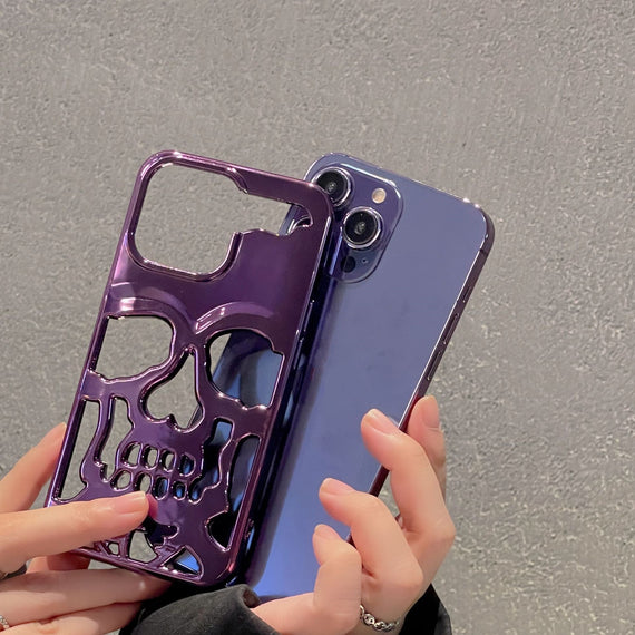 Luxuriöse 3D-Totenkopf-Telefonhülle mit Beschichtung für I-Phone 14 Pro Max 13 12 11 Plus, atmungsaktiv, glänzend, ausgehöhlt, Gold-Metallic-Farbe