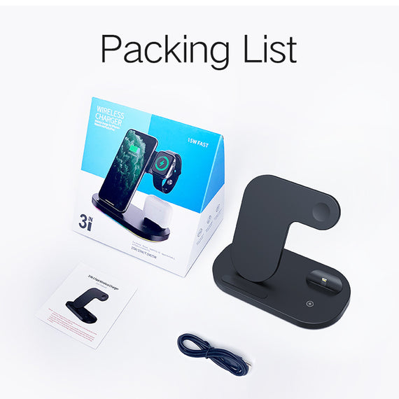 Compatible with Apple, Support De Chargeur Sans Fil Rapide Qi 15W Pour iPhone 12Pro XR Watch 3 en 1, Station De Charge Pliable Pour Airpods Pro IWatch