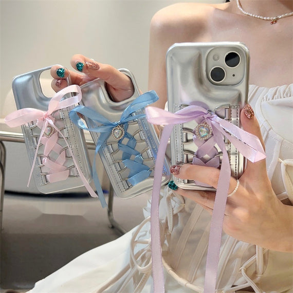 Electroplating Air Cushion Silver Phone Case Shoelace Bow Protective Cover