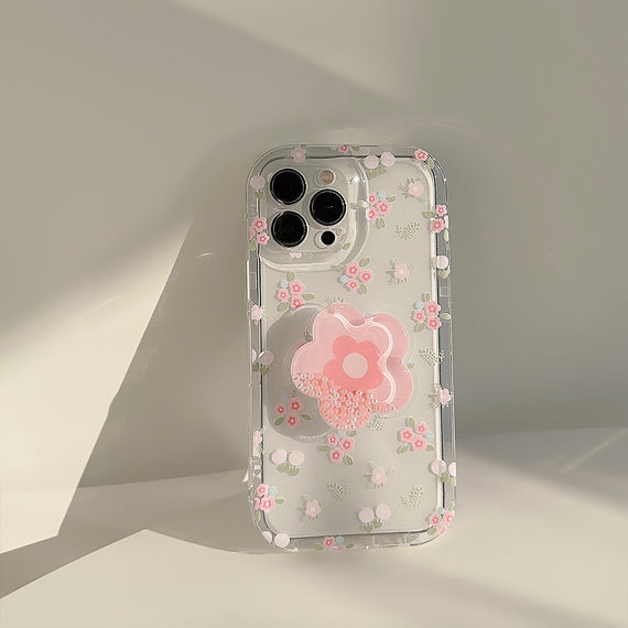 Crushed Flower Flowing Sand Stand Phone Case Transparent