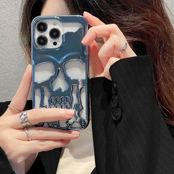 Coque de téléphone de luxe plaquée 3D avec motif tête de mort pour iPhone 14 Pro Max 13 12 11 Plus, respirante, brillante, ajourée, peinture métallisée dorée
