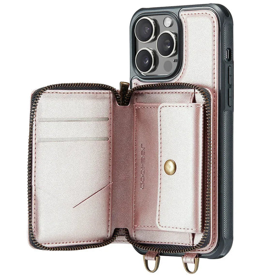 Wallet Case with Card Holder for iPhone 16 15 14 13 12 11ProMax RFID Blocking PU Leather Folio Shockproof Cover Strap Zipper