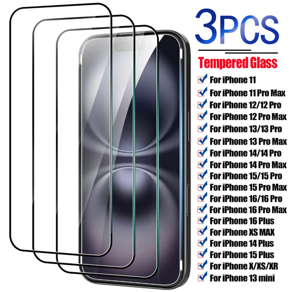 3Pcs Tempered Glass for iPhone 15 11 12 14 Pro Max Mini 7 8 6s Plus Full Cover Screen Protector for iPhone 13 16 PRO XR XS MAX