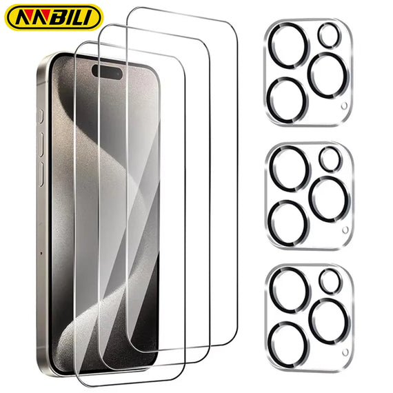 NNBILI 3 Tempered Glass Films+3 Lens Films Suitable For iPhone 16 15 14 13 12 Pro Max Mini Phone Protection Tempered Glass Film
