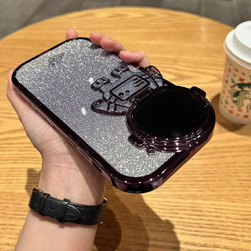 Glitzernde Astronauten-Kameraständer-Telefonhülle für I14 13 12 11 Pro Max XR 14 Plus, unsichtbare Linsenhalterung, Beschichtung, weiche Abdeckung
