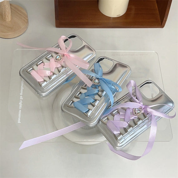 Electroplating Air Cushion Silver Phone Case Shoelace Bow Protective Cover